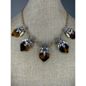 J.Crew Tortoise & Crystal Statement Necklace Gold Tone Adjustable Chain